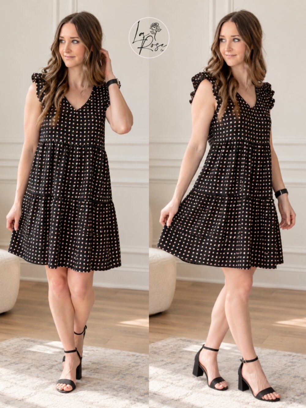 Tiffany Tiered Dress | Women's Black Geometric Mini Tiered V-Neck